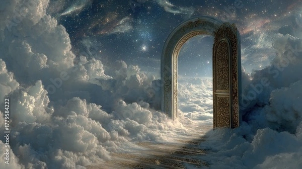 Fototapeta Surreal Doorway to Another World Amidst Clouds and Stars.