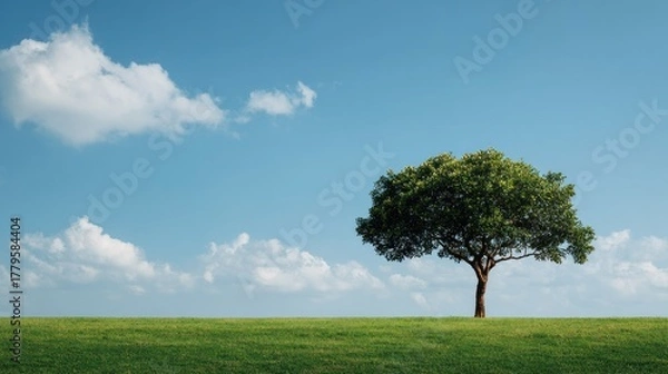 Fototapeta Solitary Tree Standing Tall in a Green Field Under a Blue Sky.