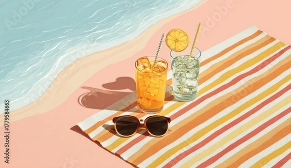 Fototapeta Refreshing beach scene with drinks, sunglasses, and towel.