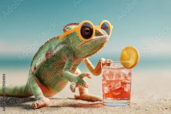 Fototapeta Chameleon in Sunglasses Enjoying a Cocktail on the Beach.