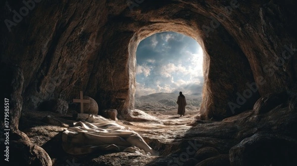 Fototapeta Resurrection - Empty Tomb and Figure Standing in the Light.