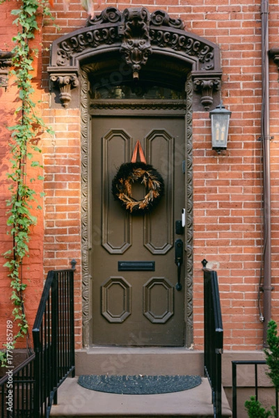 Fototapeta Beautiful brown door adorned with a wreath and ivy, showcasing classic architectural details in a warm urban setting