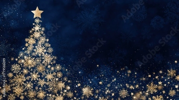 Fototapeta Elegant Christmas Tree with Golden Snowflakes and Star on Dark Blue.
