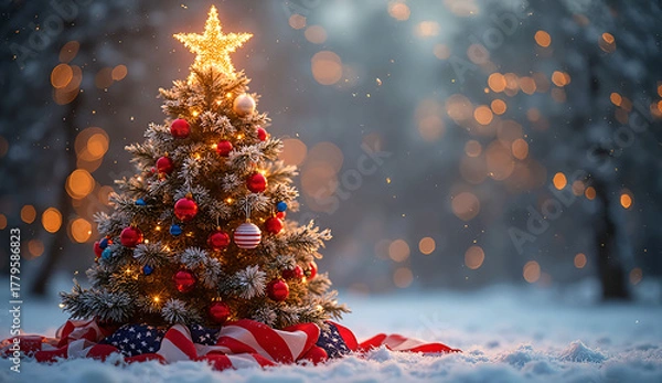 Fototapeta Christmas Tree with Red, White & Blue Ornaments and American Flag Base in Snowy Festive Scene