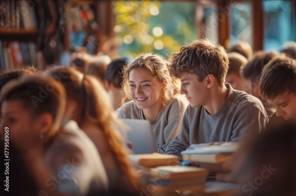 Fototapeta Students engaged in collaborative learning at a cozy classroom in the afternoon sunlight
