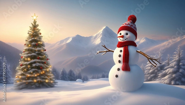 Obraz A snowman wearing a scarf and knit hat. Snowy landscape background, Christmas tree.マフラーとニット帽をつけた雪だるま。雪景色の背景、クリスマスツリー