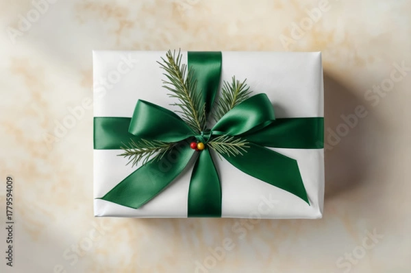 Fototapeta A beautifully wrapped gift sits on a soft beige surface. The white paper is adorned with a dark green ribbon and a decorative pine sprig, creating a festive look. Ideal for special occasions.