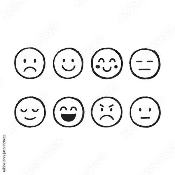 Fototapeta Funny cartoon yellow smiley face icons and symbols set showing various facial expressions