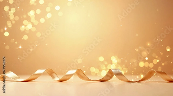Fototapeta Elegant golden Christmas background with soft bokeh lights and metallic ribbons