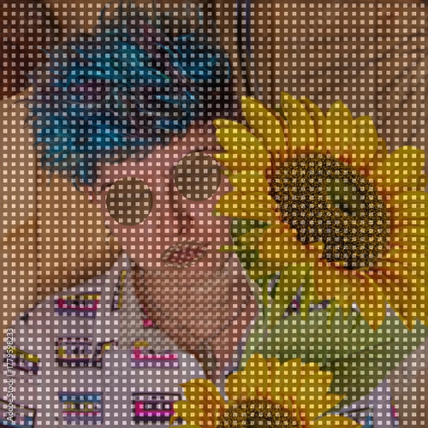 Fototapeta DREAM N°125 – Sunflower Mind. Surreal and conceptual artwork featuring a person with blue hair and round glasses behind a digital grid, next to a bright sunflower.