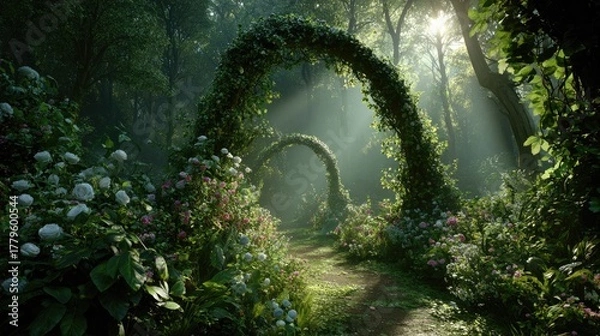 Obraz Enchanting forest pathway lush green arches and sunlight illuminating the trail