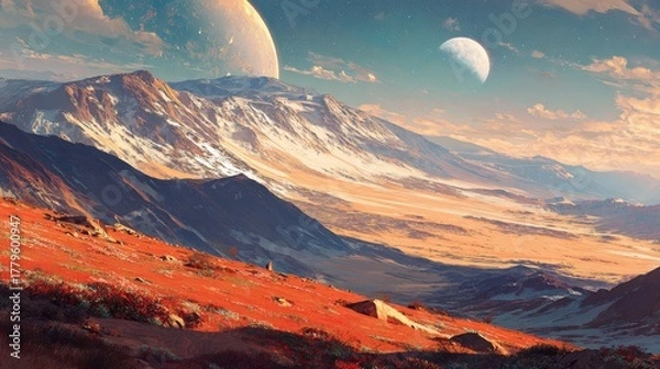 Obraz Epic landscape of alien planet with mountains moons and colorful sky
