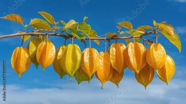 Obraz Exotic fruit branch with ripe golden star fruits against a blue sky