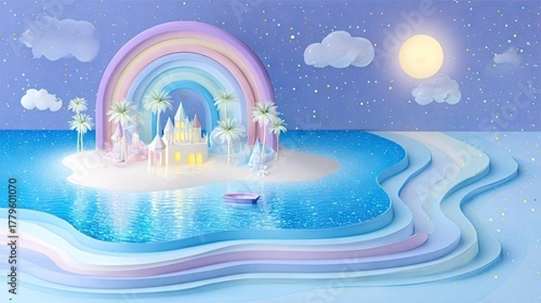 Obraz Fantasy island scene with rainbow and castle against a starry sky background