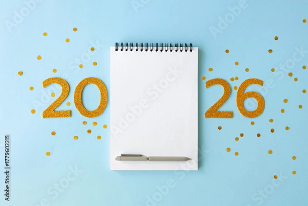 Obraz New Year 2026 planning concept with notebook and golden numbers for your goals, plans, resolutions. Flat lay style. Christmas planning concept with space for text