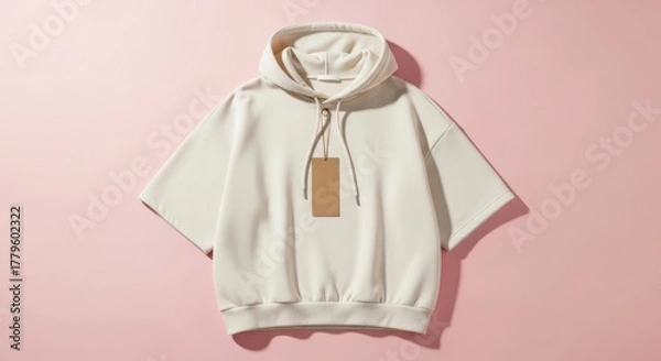Fototapeta A cream colored hoodie with a tag on a pink background studio shot