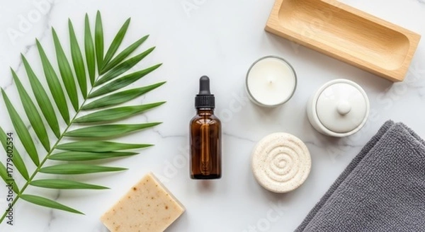 Fototapeta Still life of spa items including oil bottle and palm leaf on marble