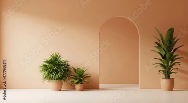 Fototapeta Interior scene with plants and an archway in a minimalist setting