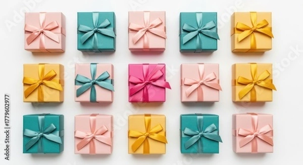 Fototapeta Arrangement of fifteen colorful gift boxes with bows on a white surface