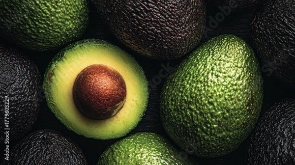 Obraz Fresh avocado halves and whole fruits overhead view on dark background