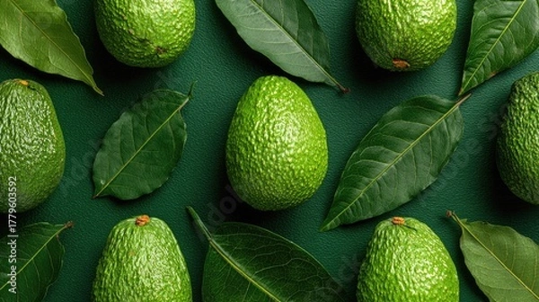 Obraz Fresh avocados and green leaves arranged on a dark green surface background
