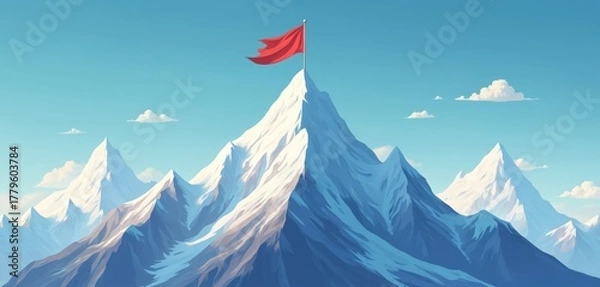 Fototapeta Red flag waves on snow capped mountain peak. Symbol of goal, success, achievement, victory. Highest summit represents business challenge, ambition, winning, leadership, growth, triumph,