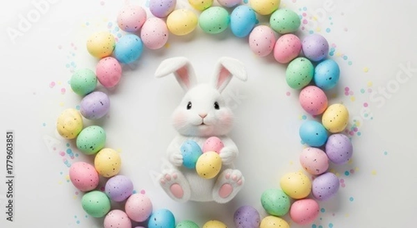 Fototapeta White bunny surrounded by pastel easter eggs on a white background