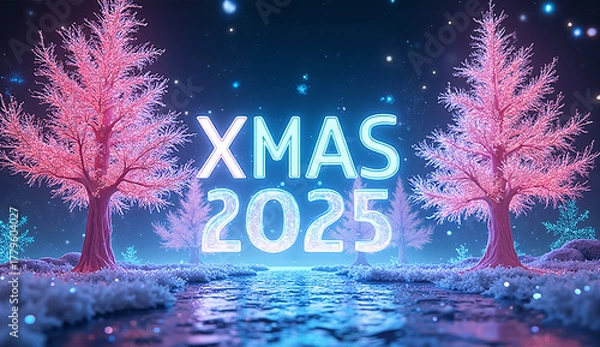 Fototapeta Futuristic Christmas Banner with Neon Trees and Holographic Snowflakes — XMAS 2025 Celebration