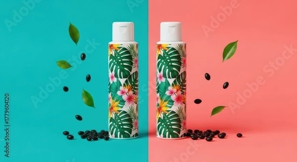 Fototapeta Two tropical lotion bottles with leaves and berries on split background