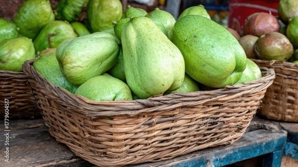 Obraz Fresh chayote squash displayed in wicker baskets at a market stall