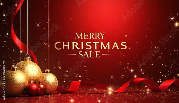 Fototapeta Elegant Christmas Sale Banner with Golden Ornaments and Red Ribbon on Deep Red Background