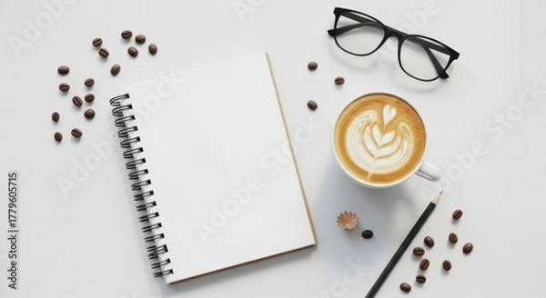 Fototapeta A flat lay of a notebook coffee beans and glasses on a white surface