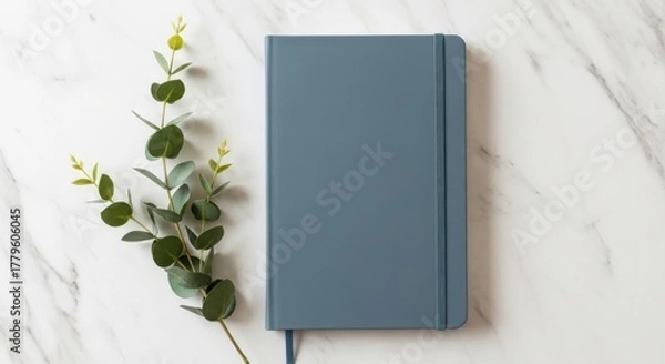 Fototapeta A blue notebook with a eucalyptus branch on a white marble surface