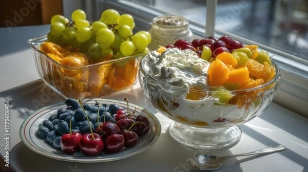 Obraz Fresh fruit arrangement with grapes oranges and berries for healthy eating
