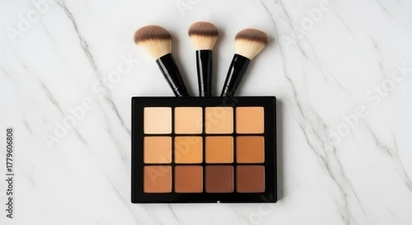 Fototapeta Makeup brushes and contour palette on a white marble surface top view