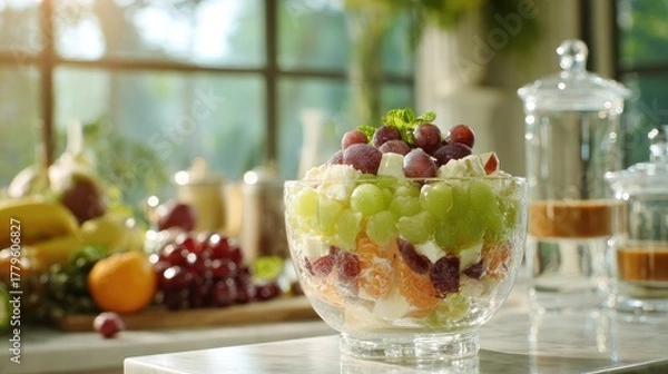 Obraz Fresh fruit salad in glass bowl with grapes oranges and kiwi near window