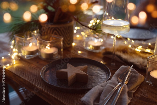 Fototapeta Elegant table decoration for a christmas dinner. Romantic dinner concept with burning candles in the evening at a restaurant. Close-up with golden bokeh lights. Background for seasonal an holiday gast