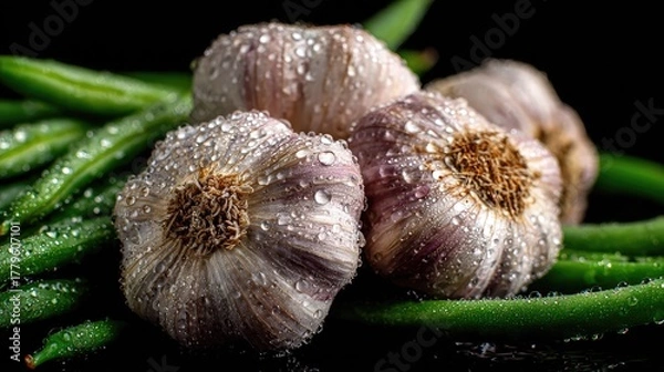 Obraz Fresh garlic bulbs with green beans on a black surface overhead shot