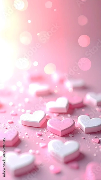 Obraz pink rose hearts and petals on pink background, happy valentines day