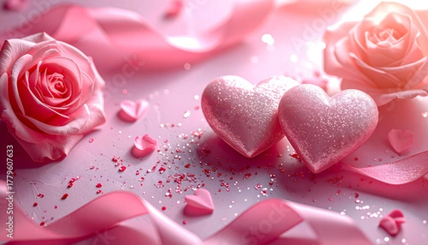 Obraz pink rose hearts and petals on pink background, happy valentines day