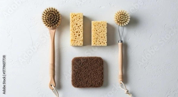 Fototapeta Arrangement of cleaning sponges and brushes on a white surface top