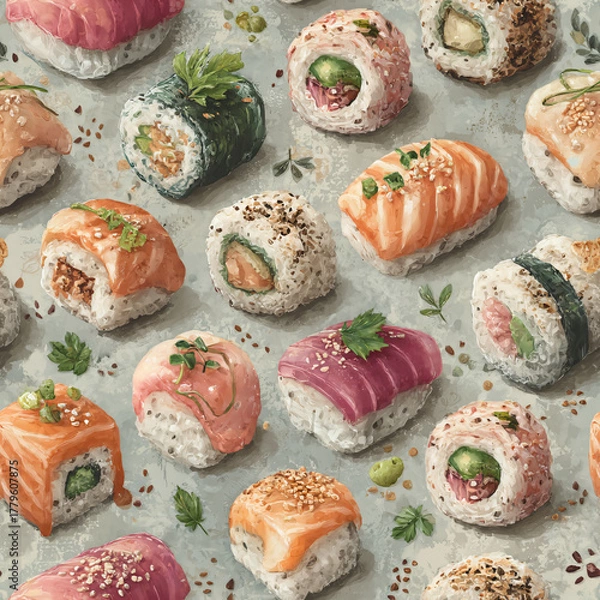 Fototapeta Sushi and roll pattern food art. Seamless texture oil paint style. Japanese cuisine background design. Asian meal concept.
