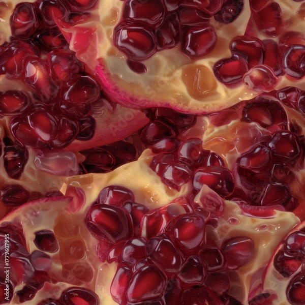 Fototapeta Close up of pomegranate seeds and fruit pulp texture. Food pattern with juicy fruit for healthy food and cooking concept.