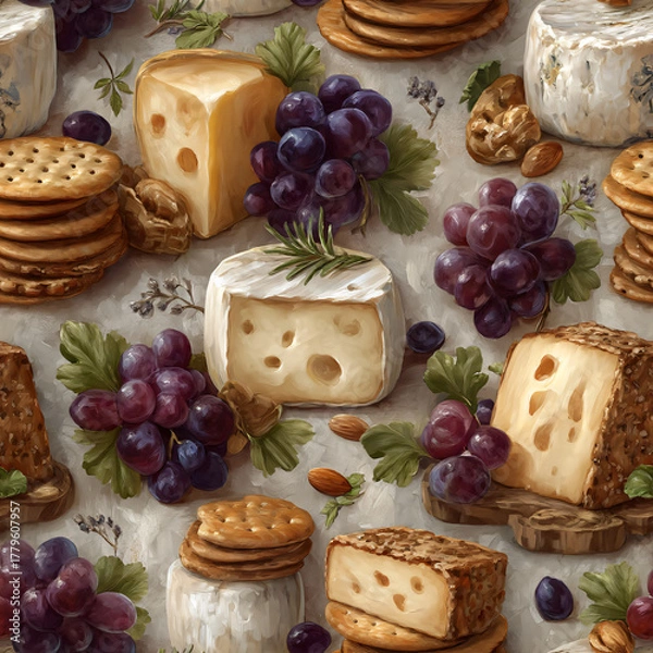 Fototapeta Assortment of cheese, crackers, grapes, and nuts in an oil paint pattern. Food background texture for culinary art and food design.