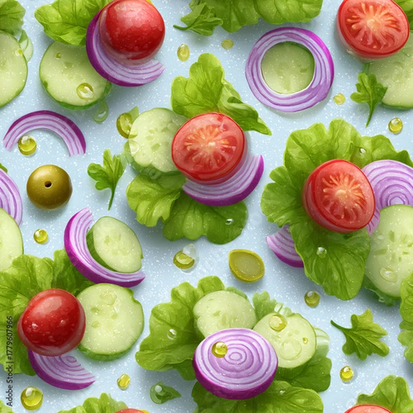 Fototapeta Fresh salad vegetable pattern with vibrant green lettuce, red tomato, cucumber slices, red onion, and olive oil drops on light blue background, top view food oil painting.