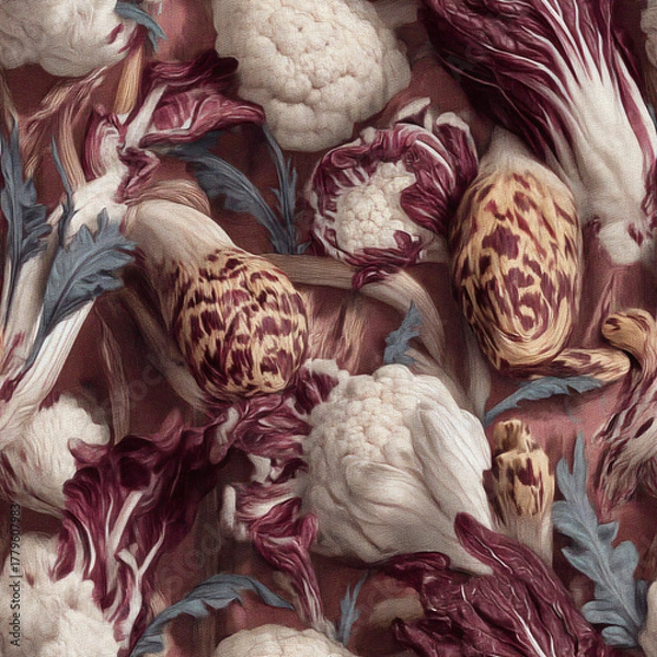 Fototapeta Colorful vegetable pattern oil paint close-up with radicchio, cauliflower and Romanesco broccoli. Food artwork for healthy eating concept.