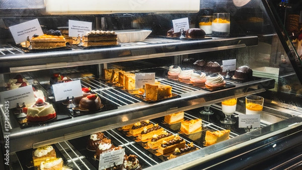 Fototapeta Beautiful cafe display case filled with exquisite pastries, cakes and desserts, ready to eat. Perfect for bakery promotions, cafe menus and food photography.