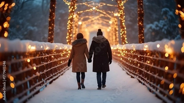 Fototapeta Romantic Couple Walking on Snowy Bridge with Christmas Lights – Luxury Winter Travel Concept.