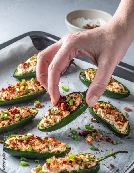 Fototapeta A tray of stuffed jalapeños, with a hand reaching in to grab one. The jalapeños are filled with a creamy mixture and topped with what appears to be bacon bits and green onions.