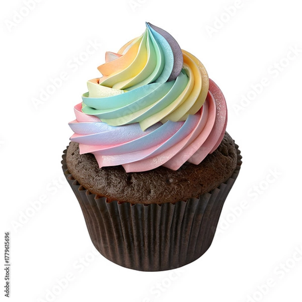 Fototapeta Realistic Chocolate Cupcake with Pastel Rainbow Frosting Swirl, Isolated on Transparent Background